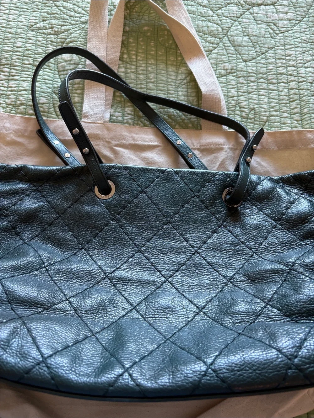 Authentic CHANEL Quilted Leather Tote in Deep Green with Silver Hardware